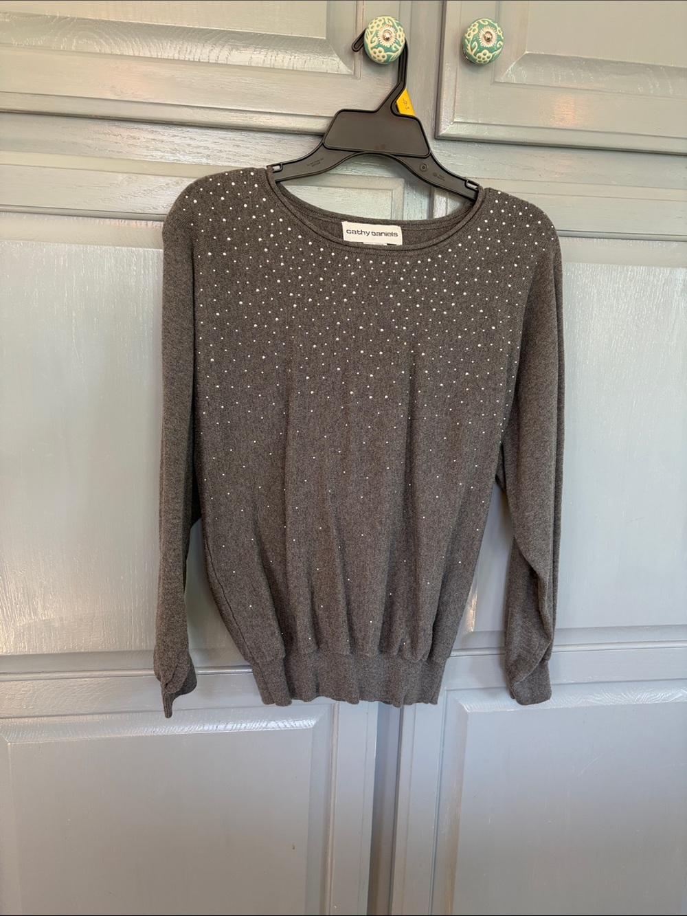 Cathy Daniels Charcoal Gray Crewneck Sweater with Sparkle Studs